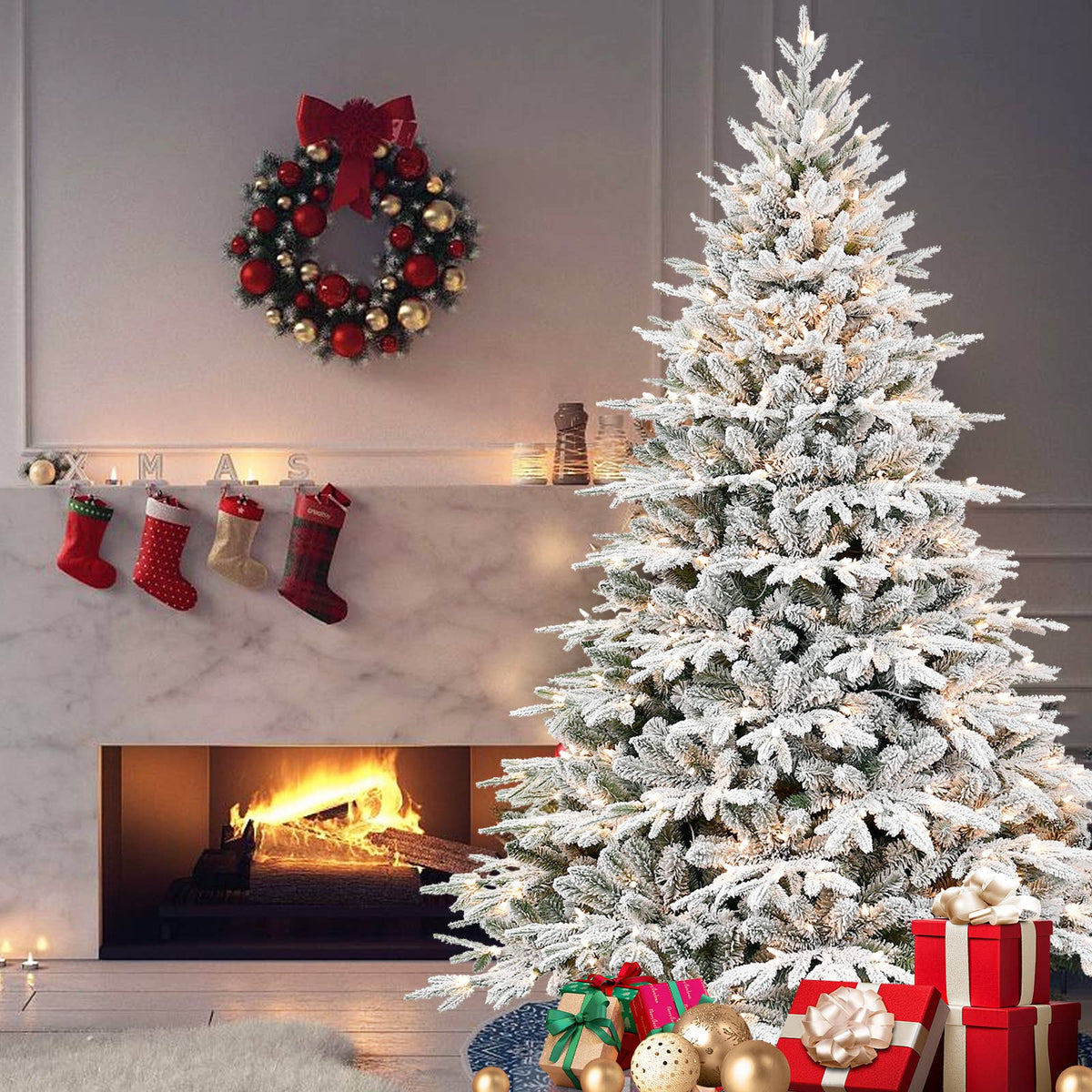 9ft Pre-Lit Flocked Christmas Tree with Warm White Lights