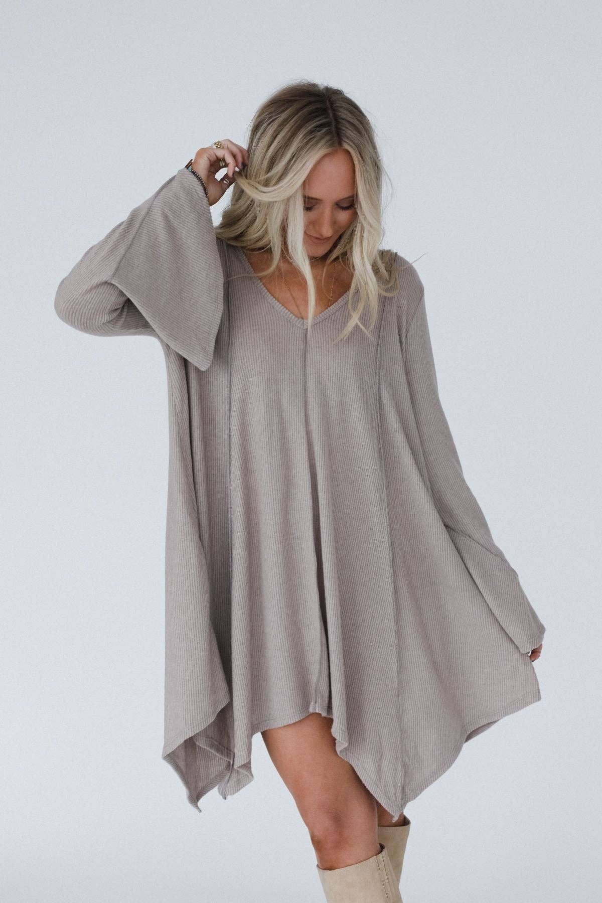 Golden Hour Long Bell Sleeve Tunic Dress - Latte