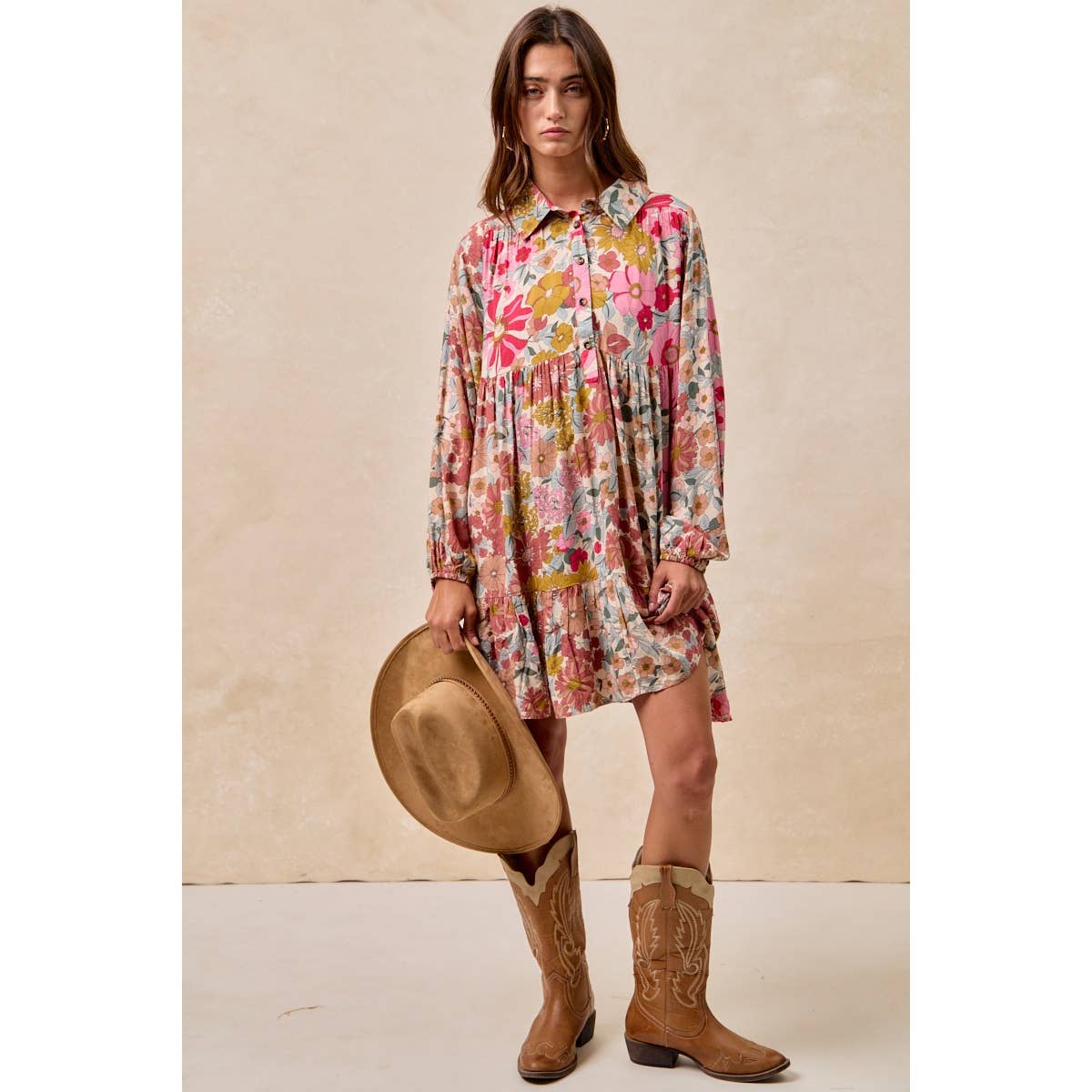 FLORAL PRINT SHIRRING BUTTONED TIERED SHIRT DRESS