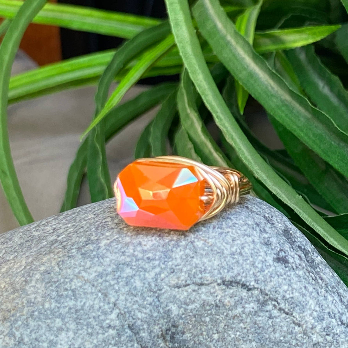 ORANGE - Gold Wire Wrapped Ring Faceted Orange Crystal Statement Ring: Gold