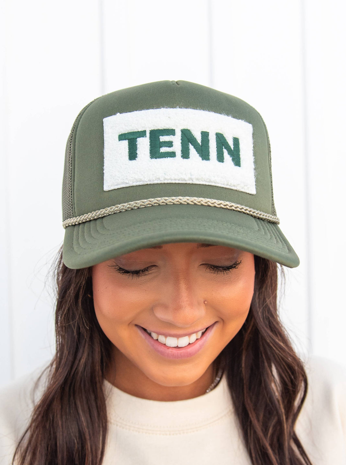 Tennessee "TENN" Chenille Patch Trucker Hat, Sage Green