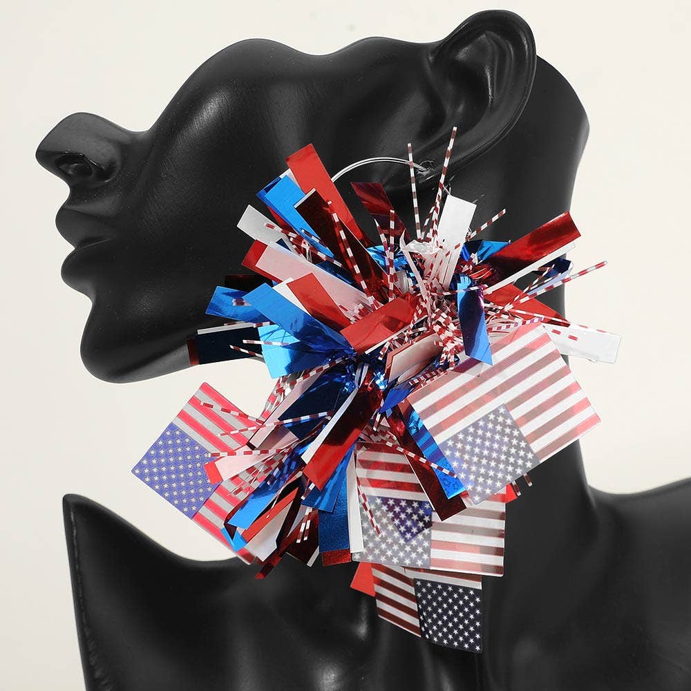American USA Flag Tinsel Festive Statement Hoop Earrings