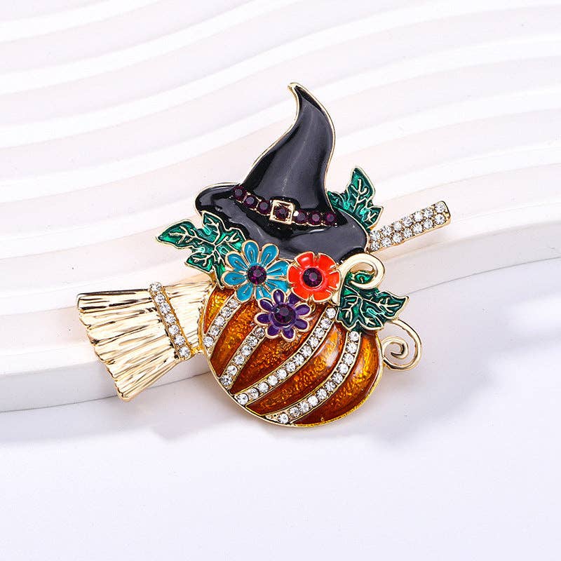 Halloween Pumpkin Witch Floral Playful Rhinestone Brooch