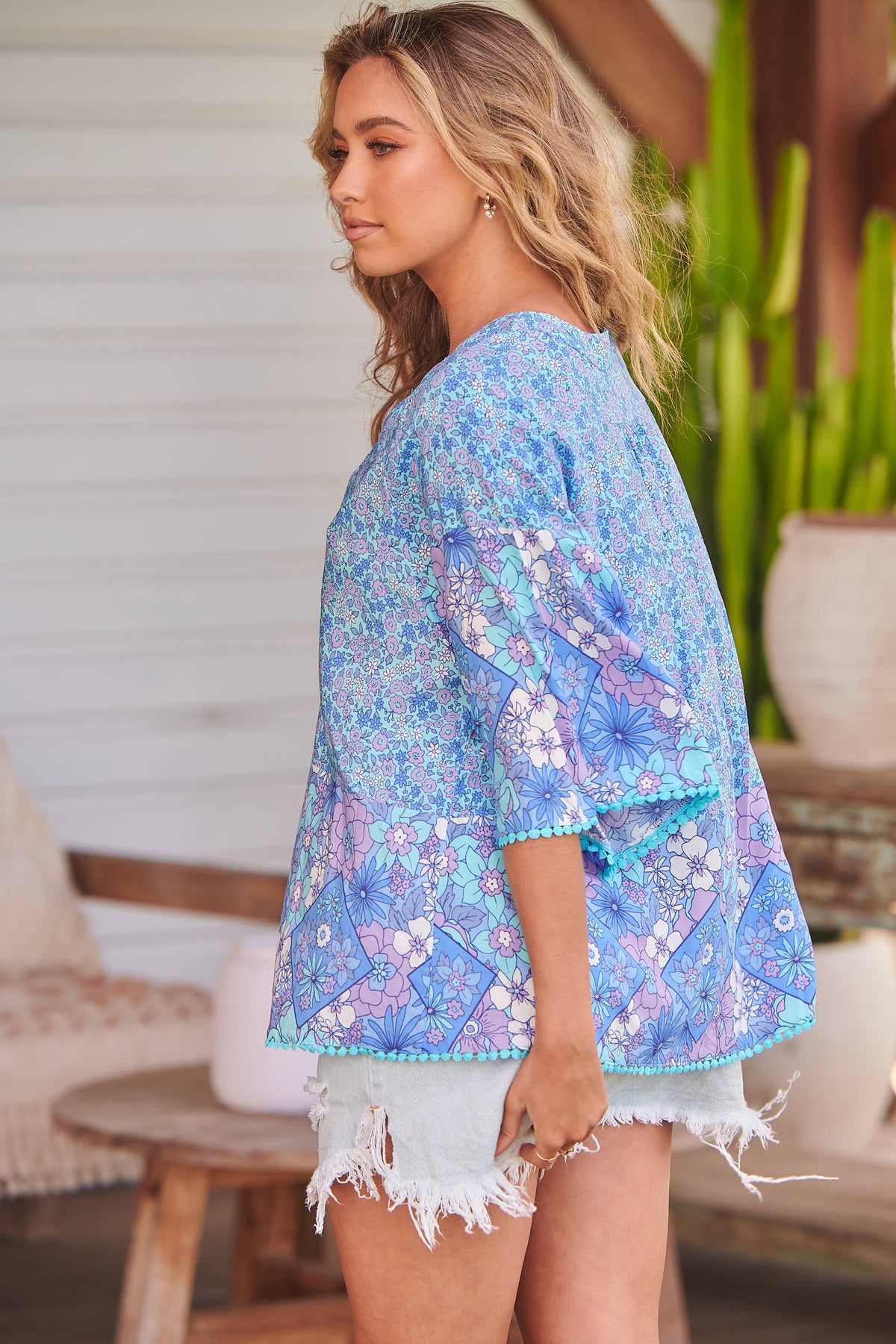 BLUE POMPEII PRINT GABRIELLA TOP: