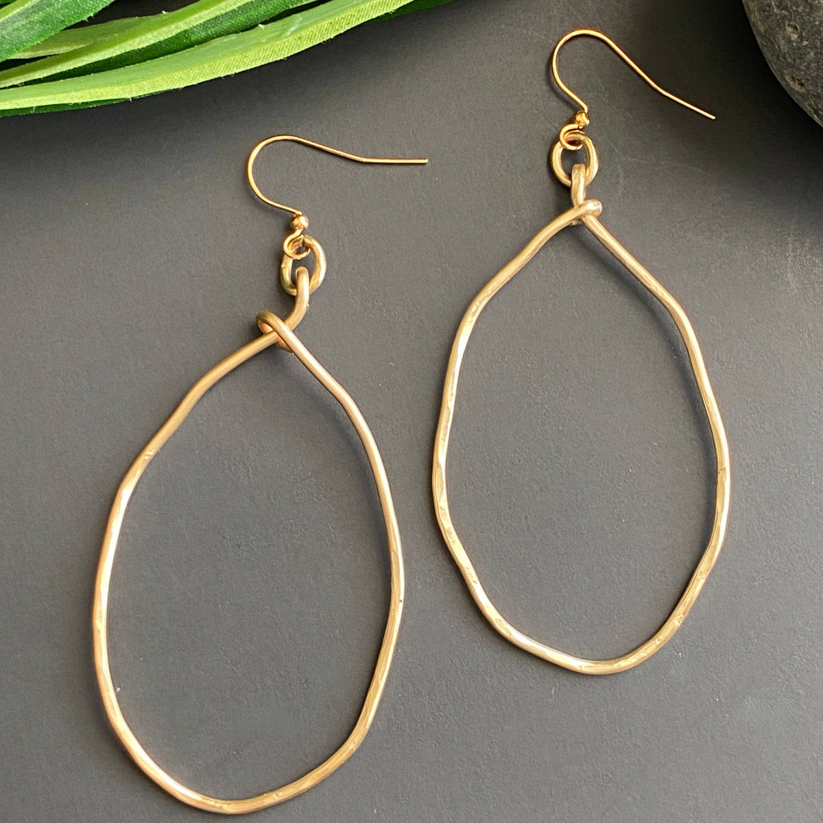 Large Gold  Hammered Wavy Oval Hoop Earrings: Silver Wire