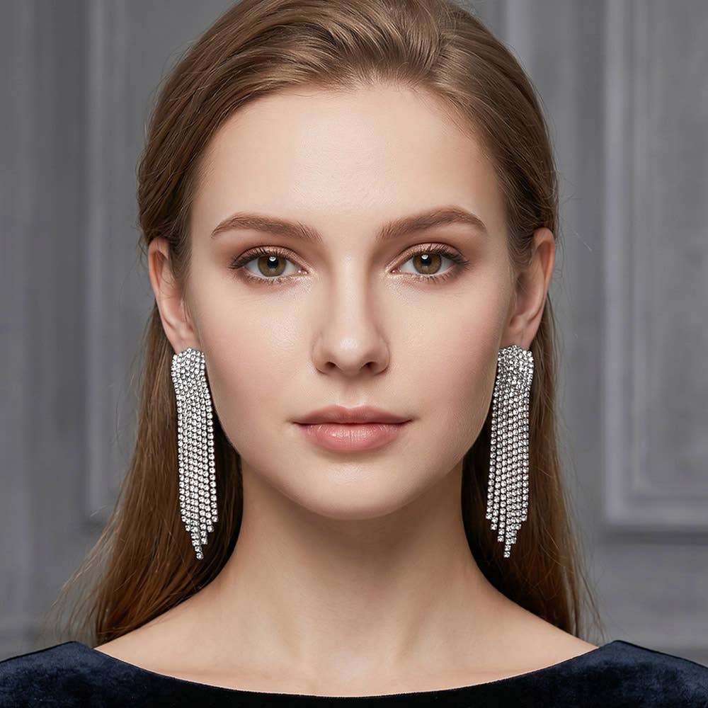 Elegant Rhinestone Fringe Drop Statement Evening Earrings