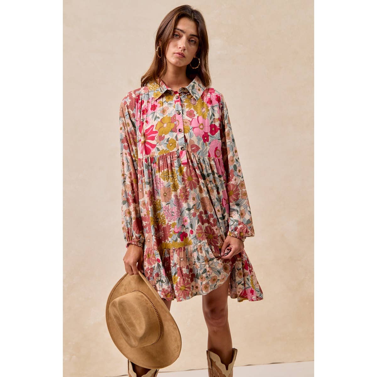 FLORAL PRINT SHIRRING BUTTONED TIERED SHIRT DRESS