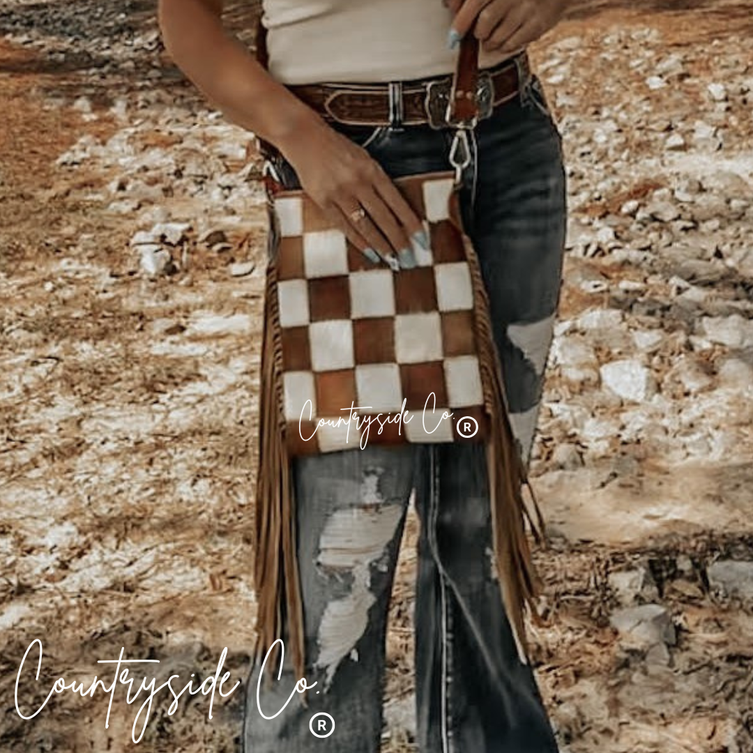 Stockdale Checkered Cowhide Fringe Purse, Brown &amp; White