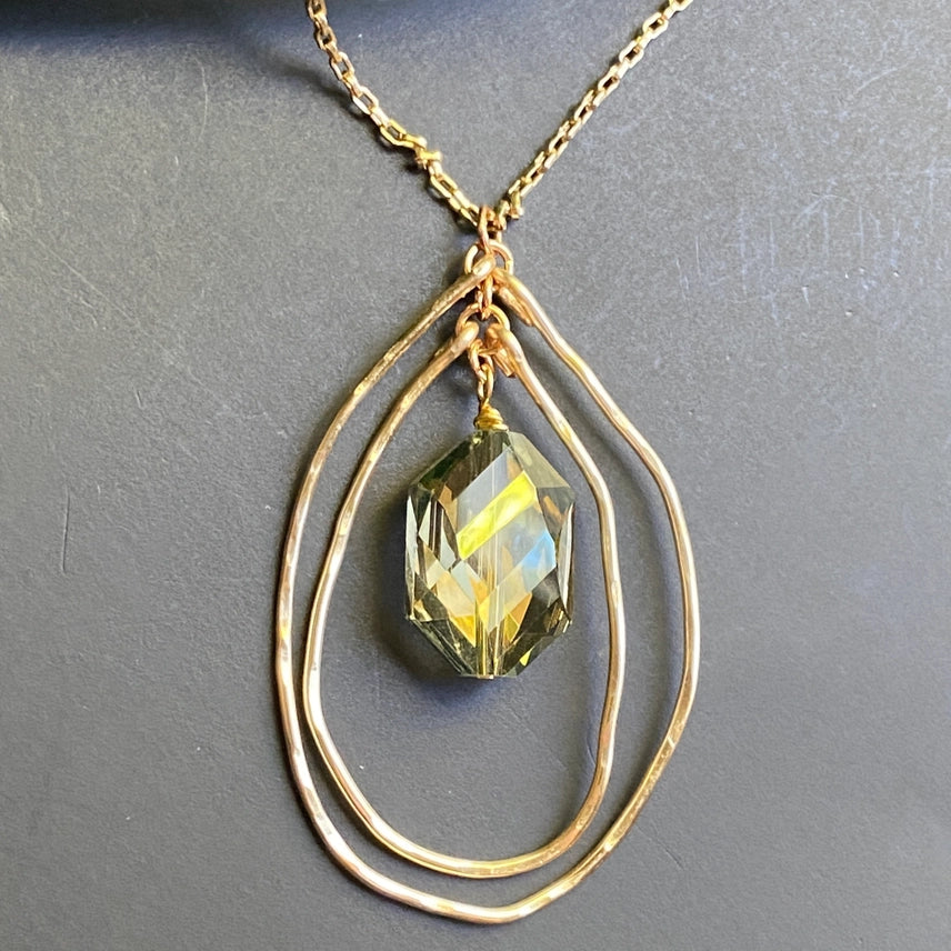 GREEN - Hammered Gold Multi Layered Necklace Pendant Green Crystal