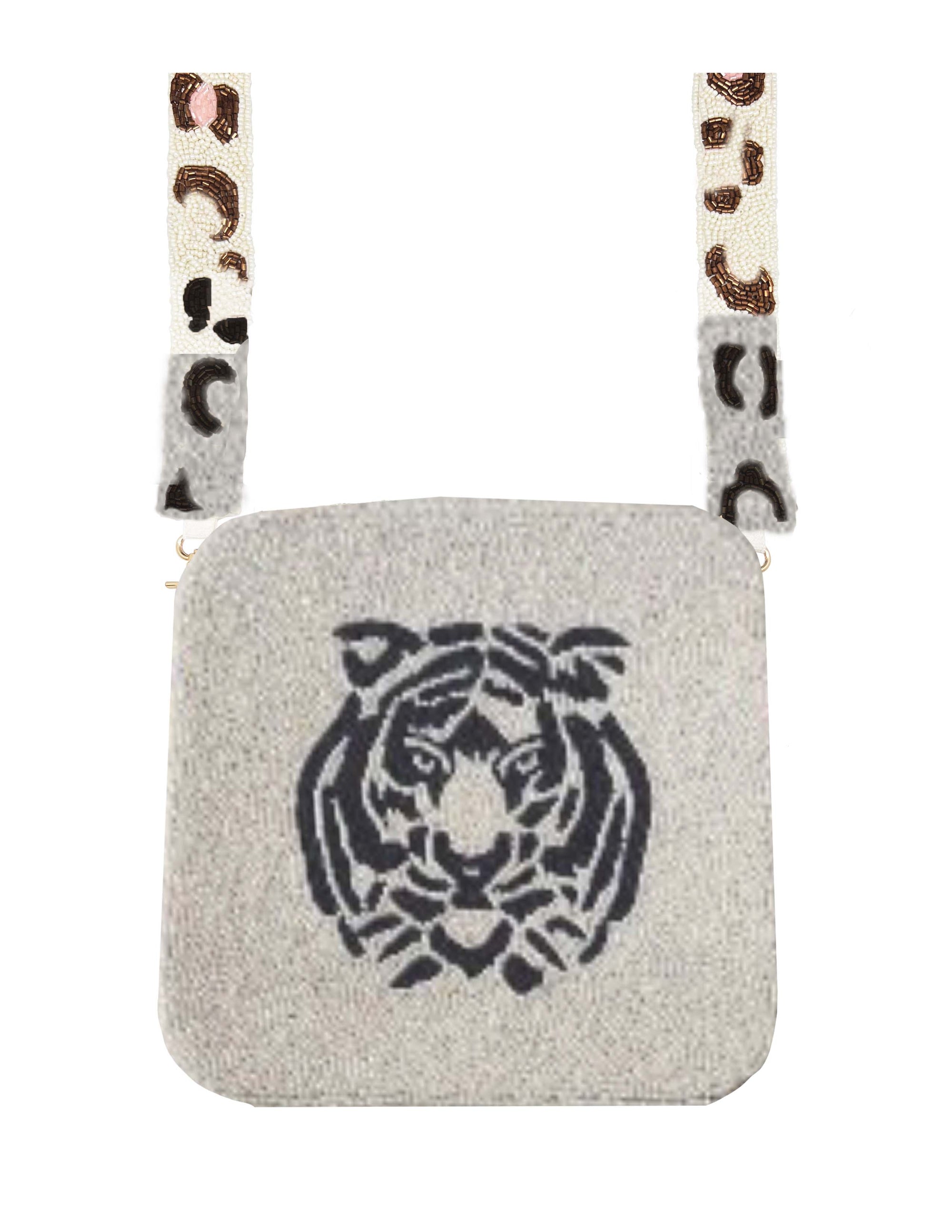 BLACK TIGER WHITE BEADED BAG WITH STRAP