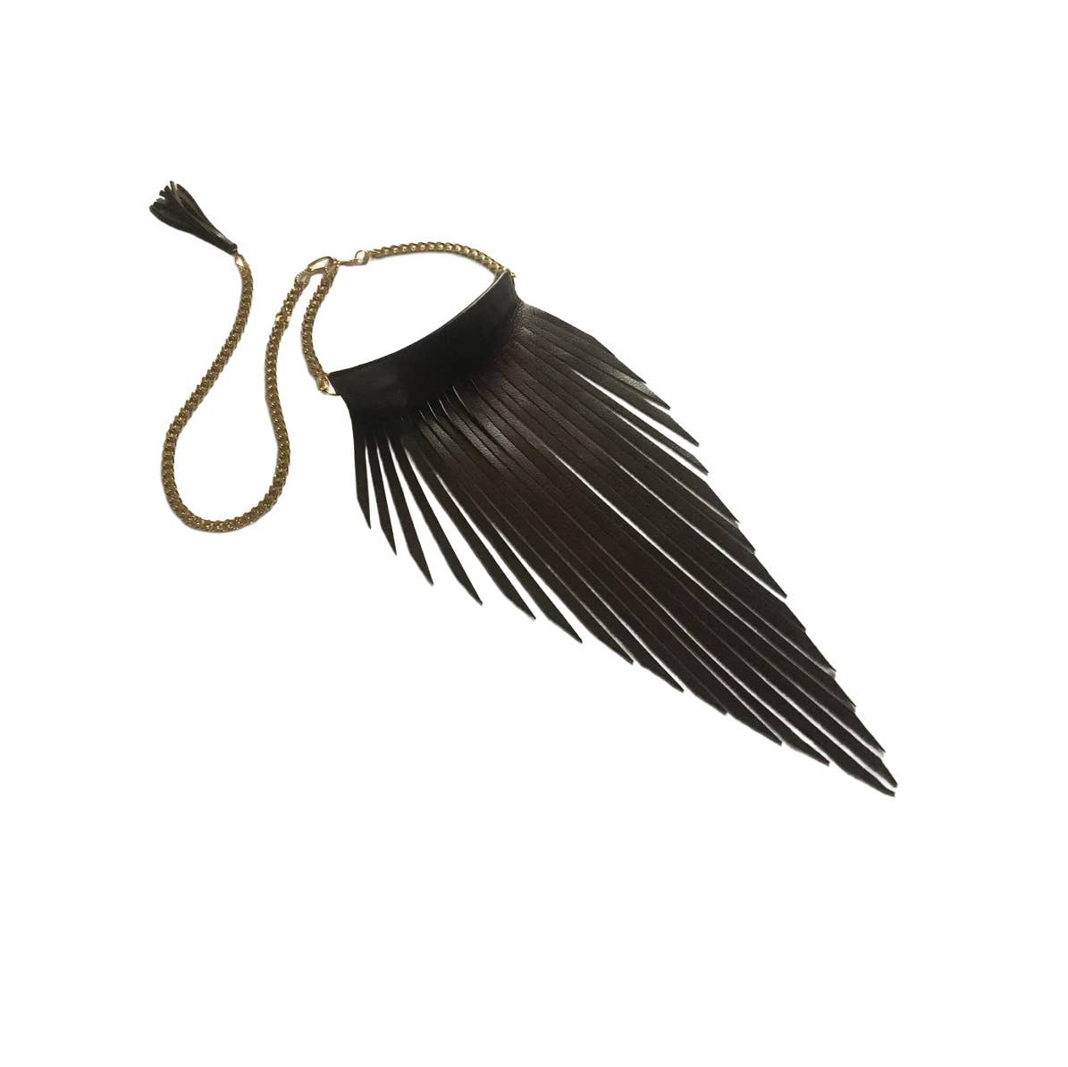 Noir Plume Statement Necklace Black Leather Fringe