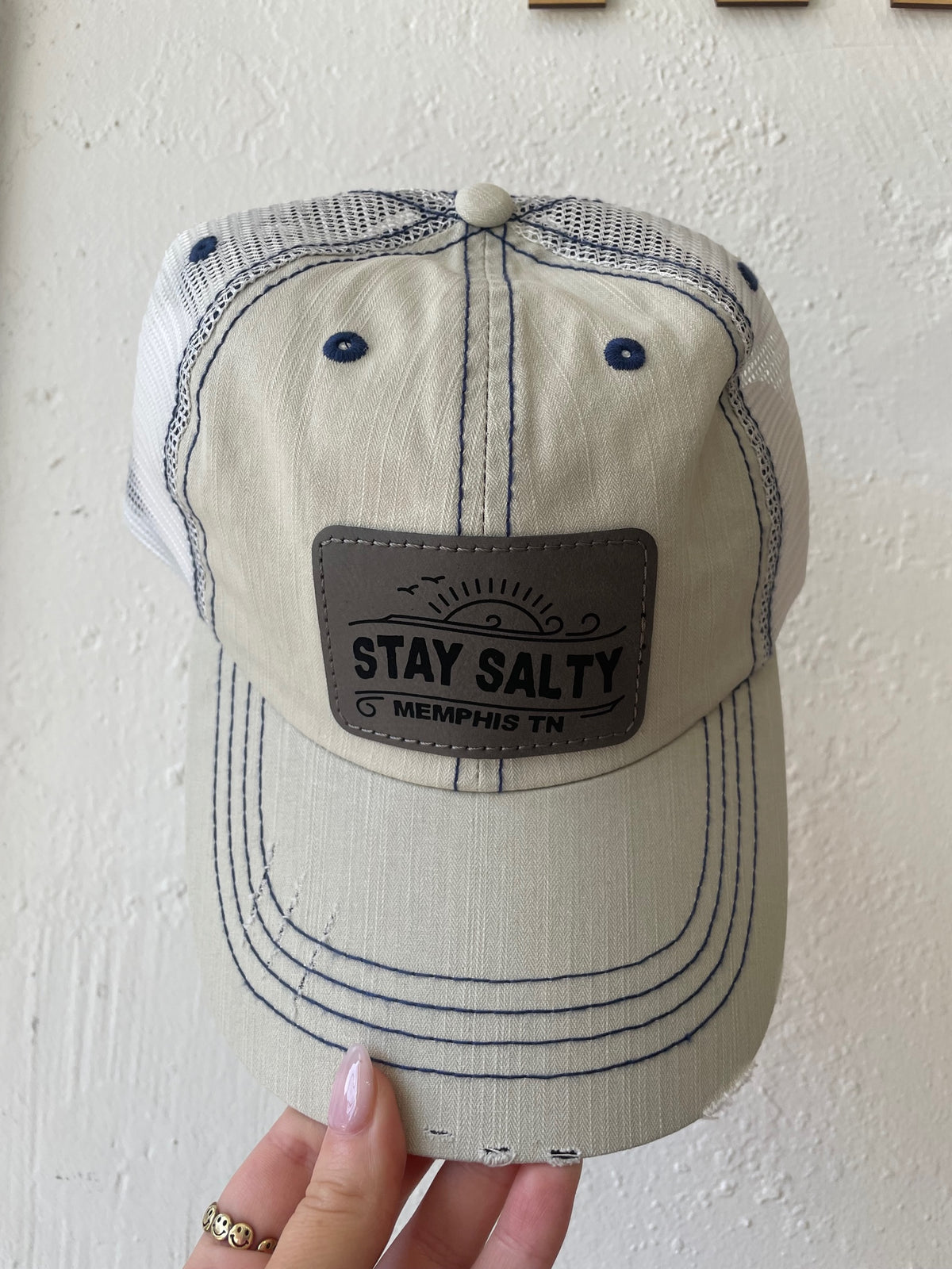 HATS  Memphis TN Stay Salty Leatherette Patch Engraved Trucker Hat