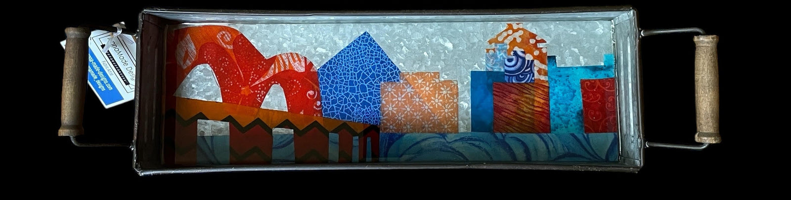 Memphis Skyline Metal Tray Mosaic Bridge with Delf Tile Pyramid: Local Artist AnnaMade Designs