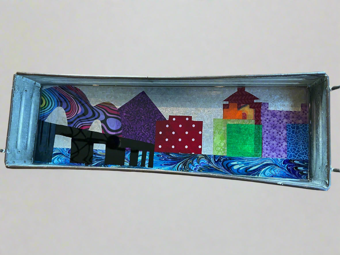 Memphis Skyline Metal Tray Mosaic Bridge with Delf Tile Pyramid 16" X 5": Local Artist AnnaMade Designs