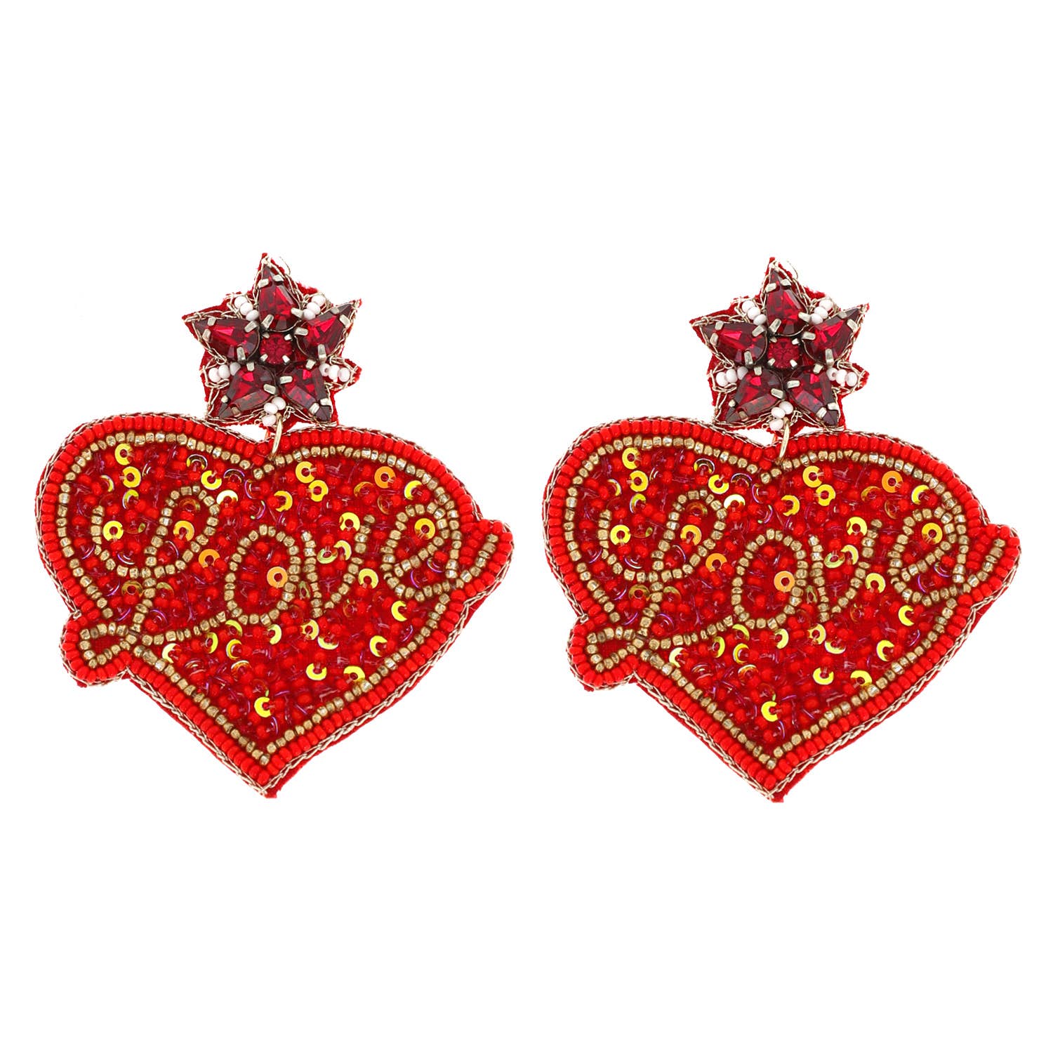 Jeweled Heart Shaped Handmade Beaded Earrings: Red