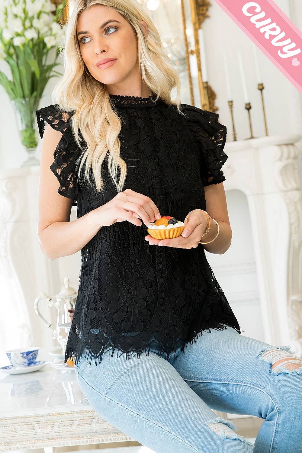 SW164PL MOCK NECK RUFFLED CAP SLEEVE LACE TOP