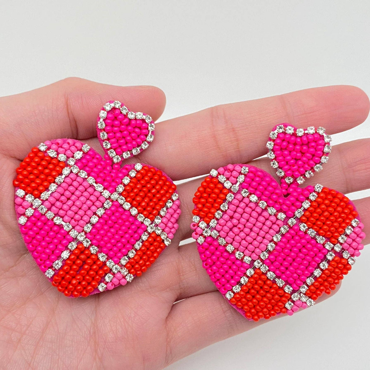 Rhinestone &amp; Beads Hand Woven Heart Charm Earrings