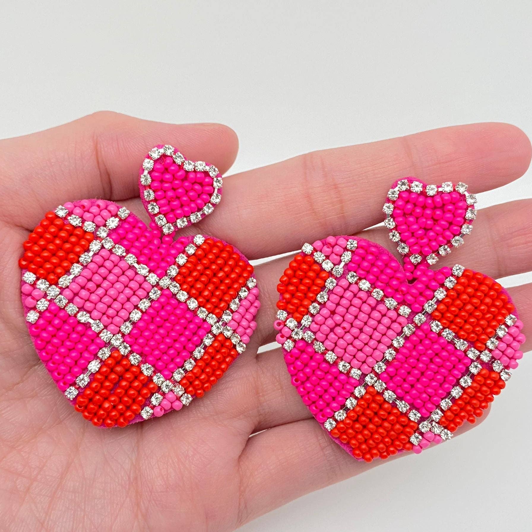 Rhinestone & Beads Hand Woven Heart Charm Earrings