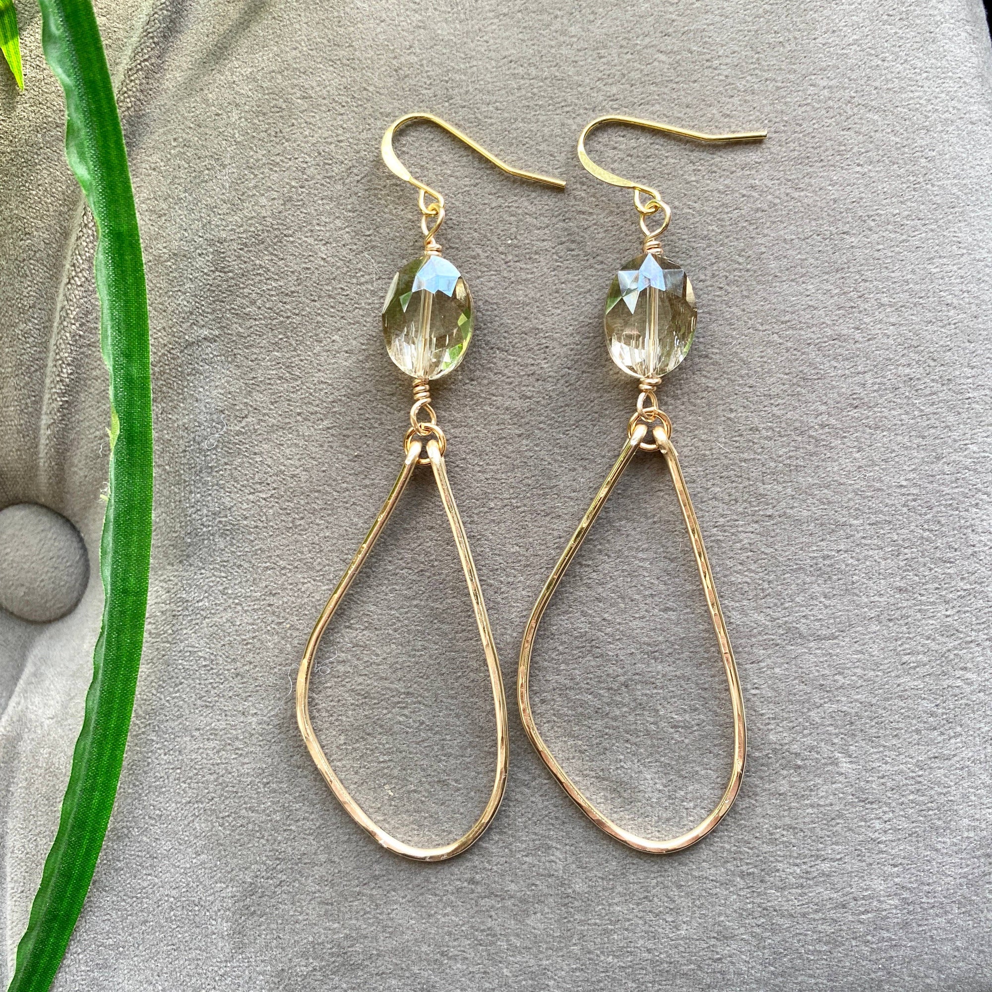 Champagne - Gold Hammered Hoop Earrings with Oval Crystal Organic