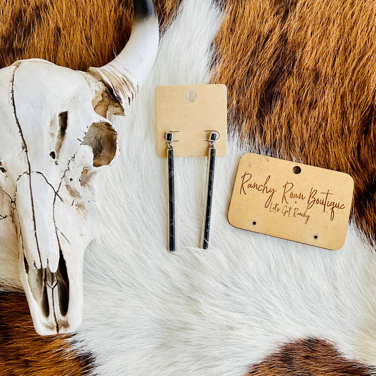 Earrings Black Stone Bar Drop Stud Western