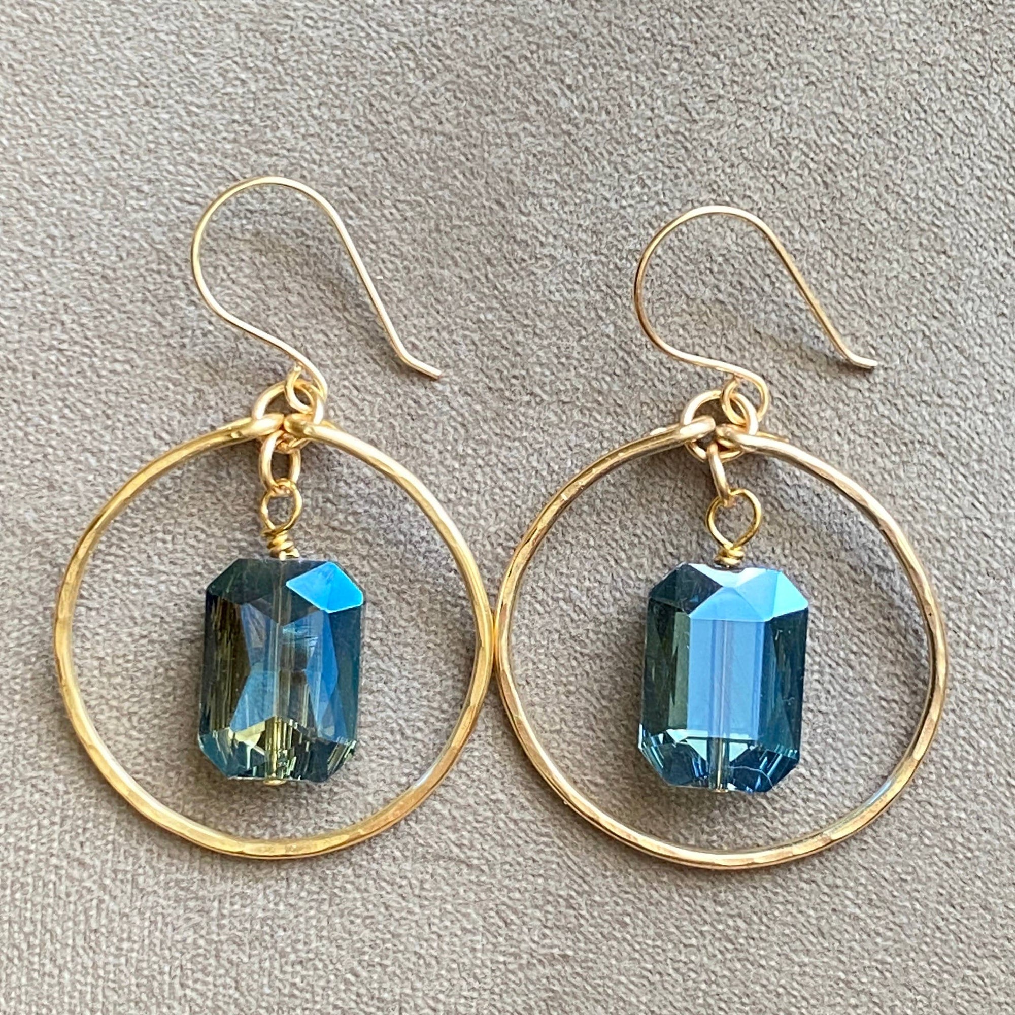 Blue - Gold Hammered Hoop Earrings crystal Rectangle Drop