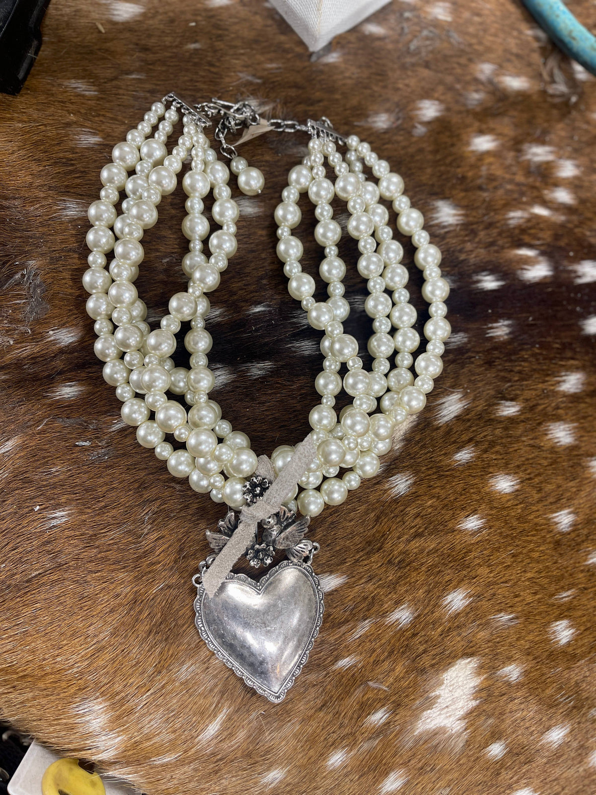 5 Strand Pearl Milagro Heart Necklace