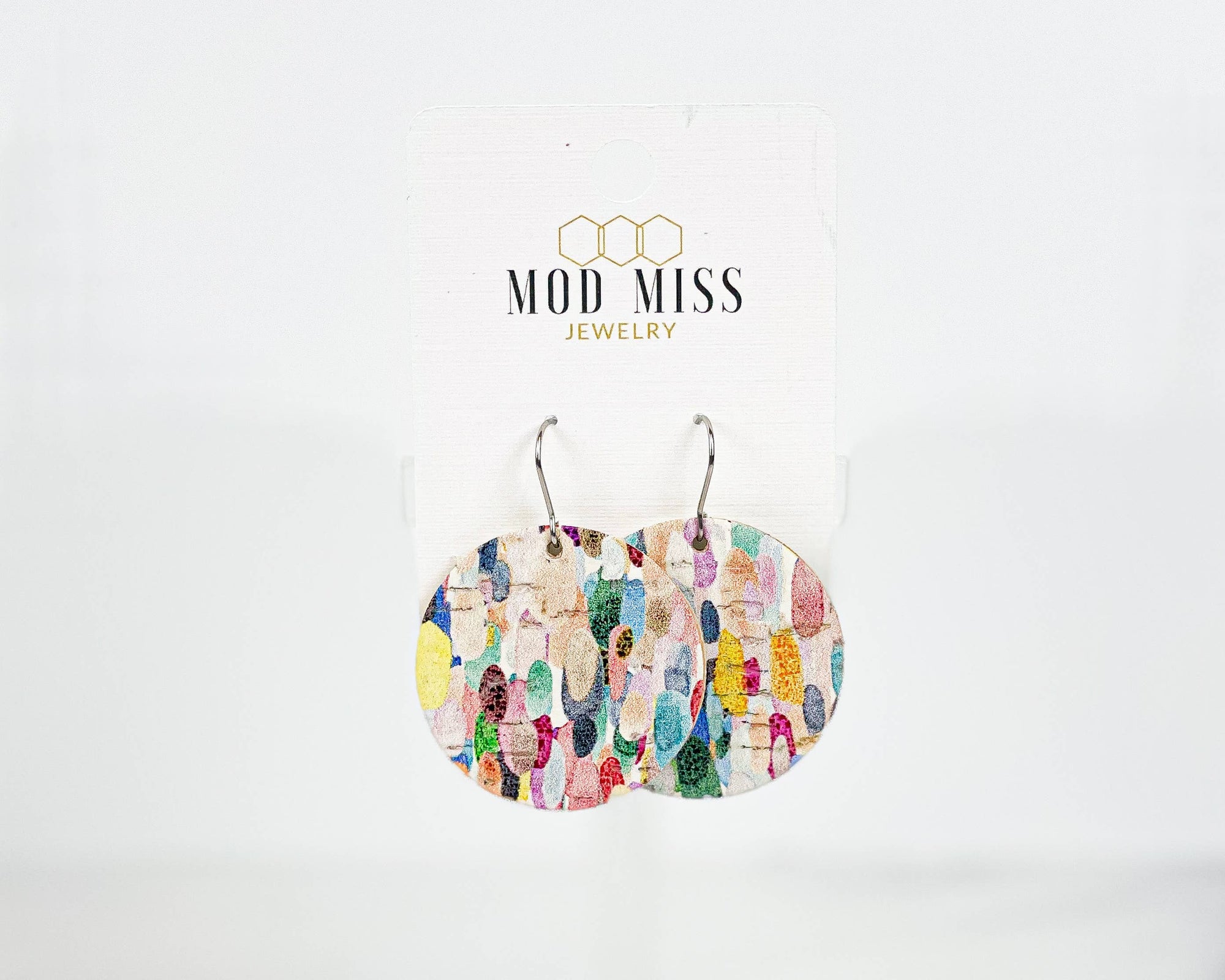 Cork+Leather Round Earring "Confetti Rainbow''