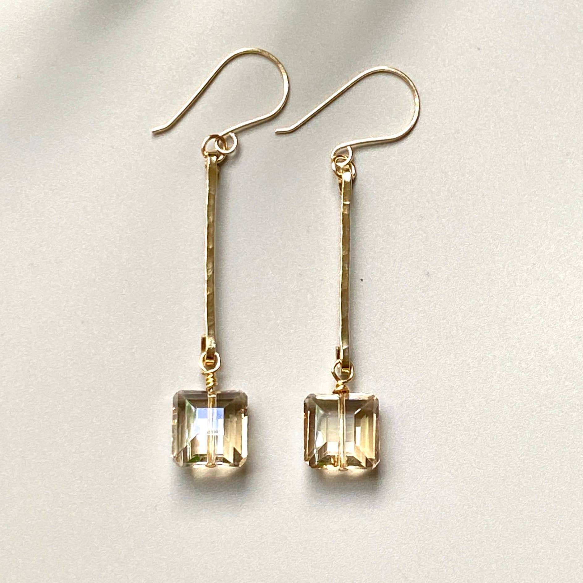 Champagne - Gold Earrings Hammered Bar and Crystal Drop Dangle