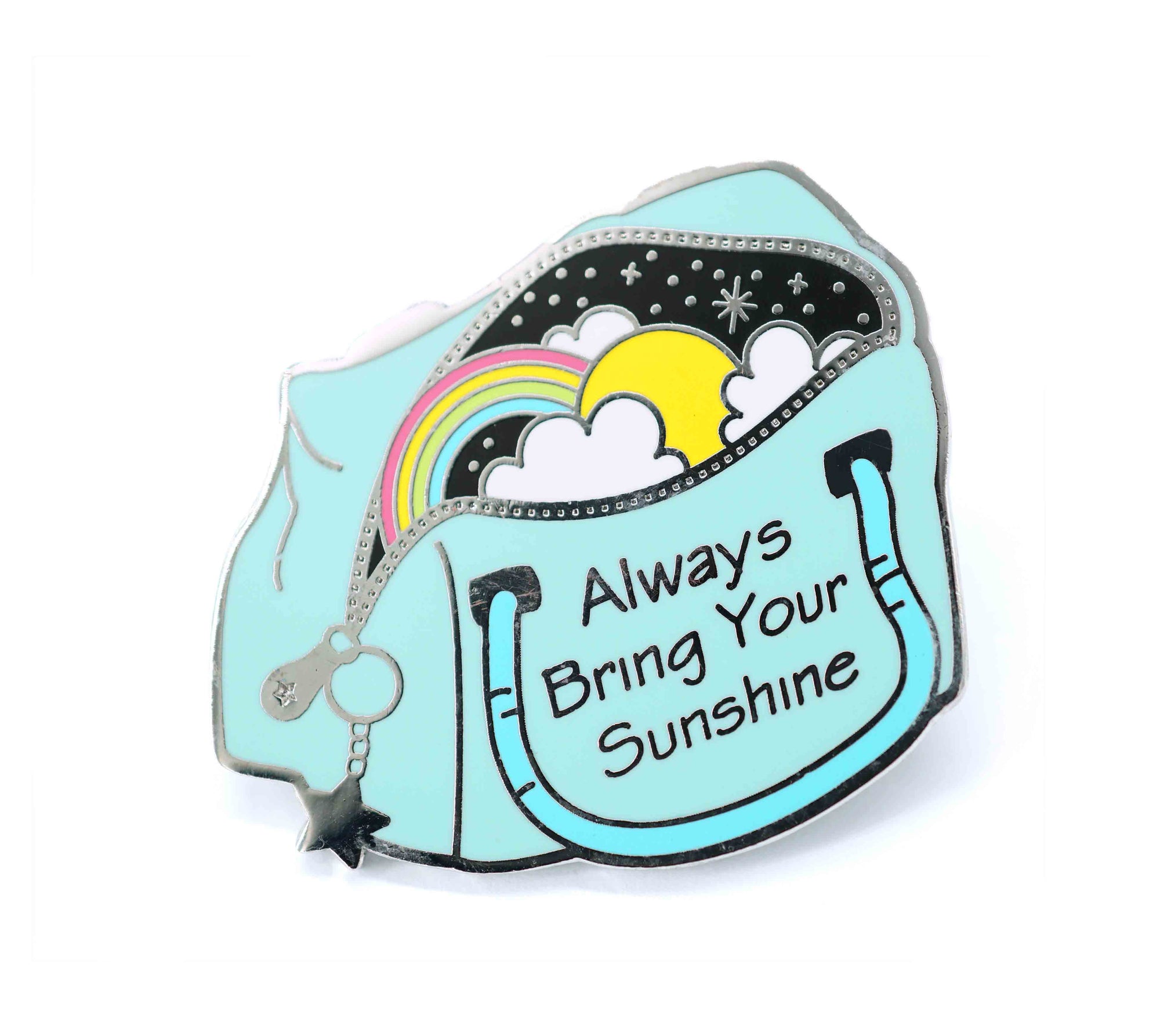 Bag Of Sunshine Enamel Pin: 35mm/1.4 inches. Thickness: 2 mm.