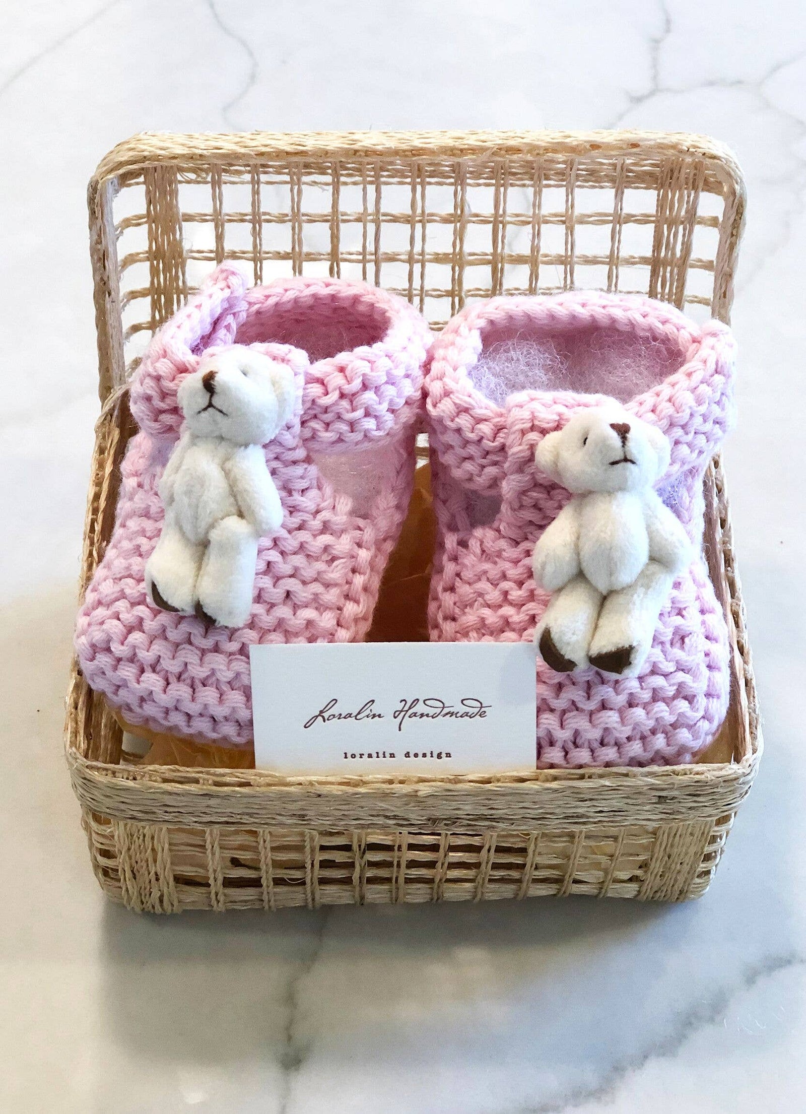 Pink Teddy Bear Booties in Basket