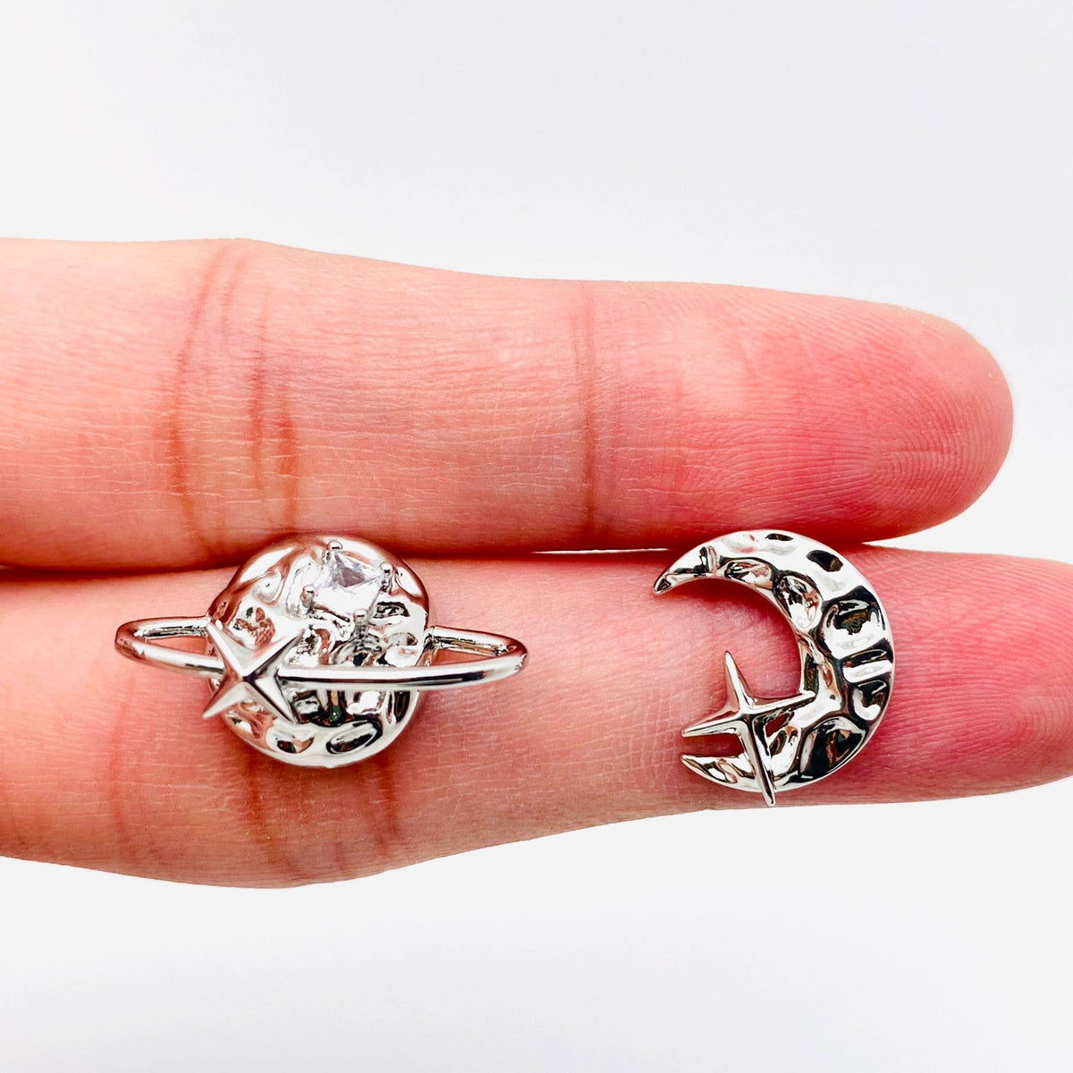 Silver Color Planet Moon Stars Asymmetric Ear Studs