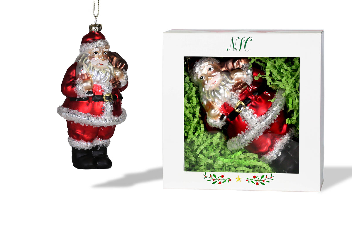 Santa with Gifts Glass Ornament