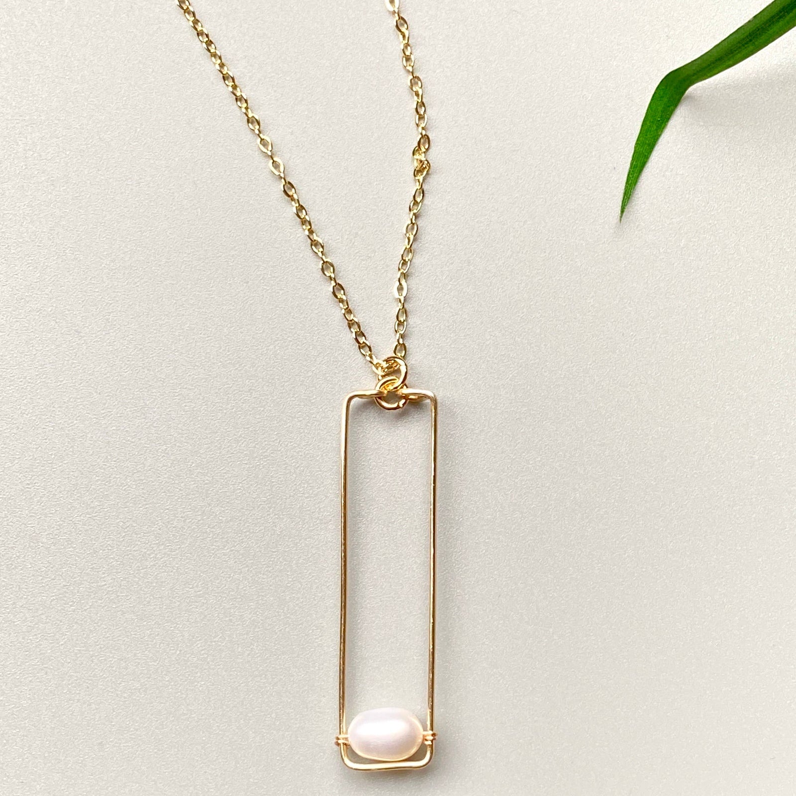 Pearl - Necklace with Gold Rectangle Drop Pendant and Chain