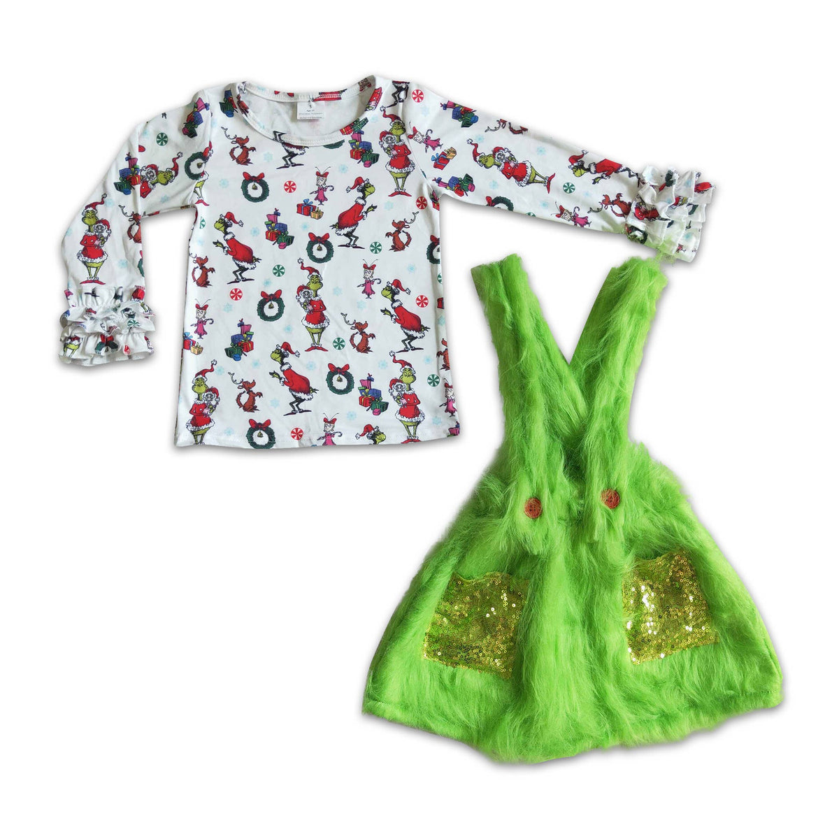 Green faux fur suspender skirt match long sleeve shirt girl Christmas outfits