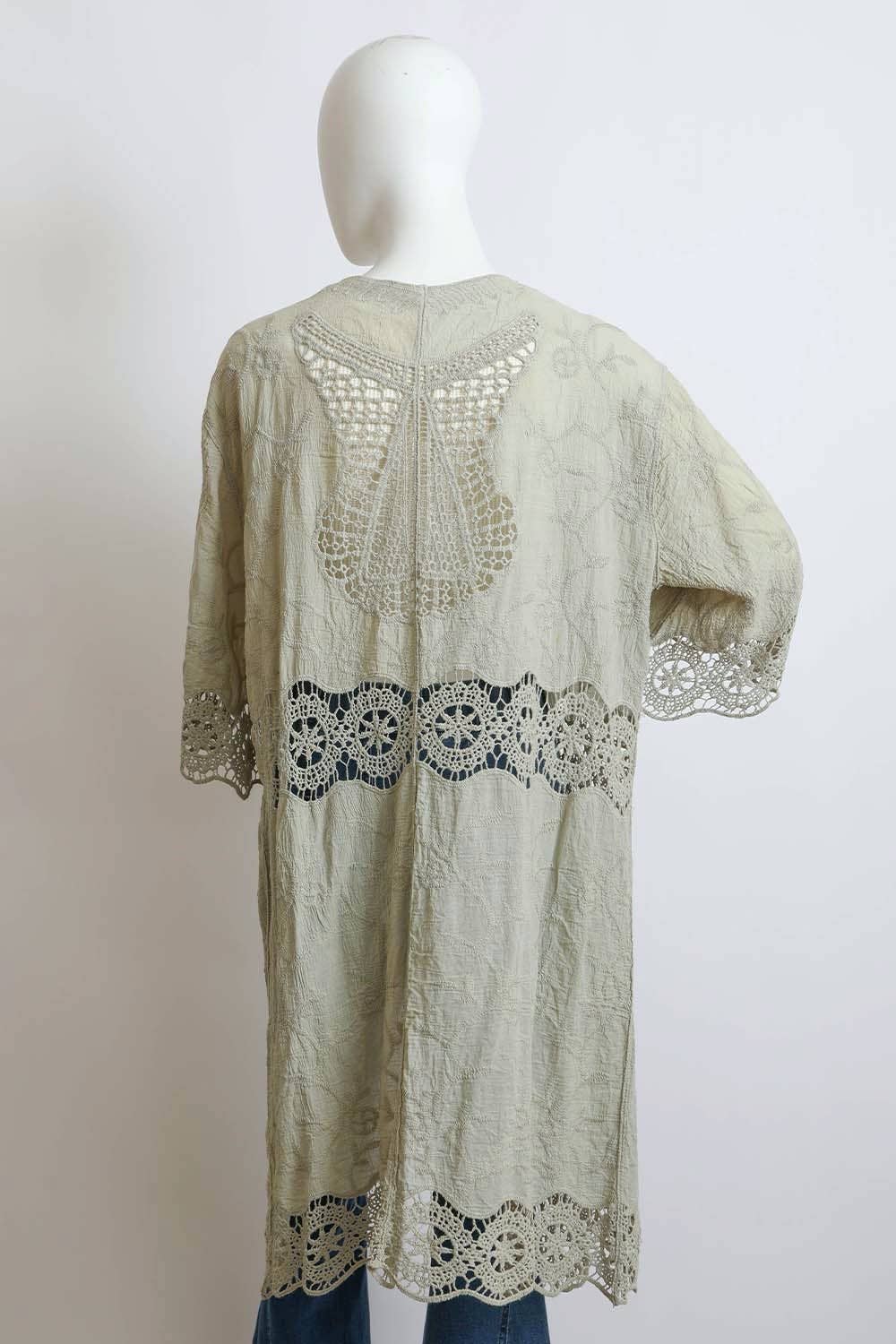 Sage Crochet Open Patch Longline Kimono