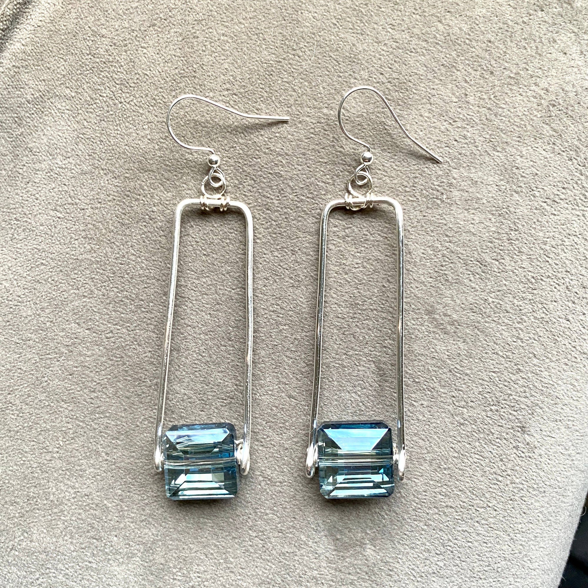 Blue - Crystal Earrings with Silver Rectangle Drop Dangle