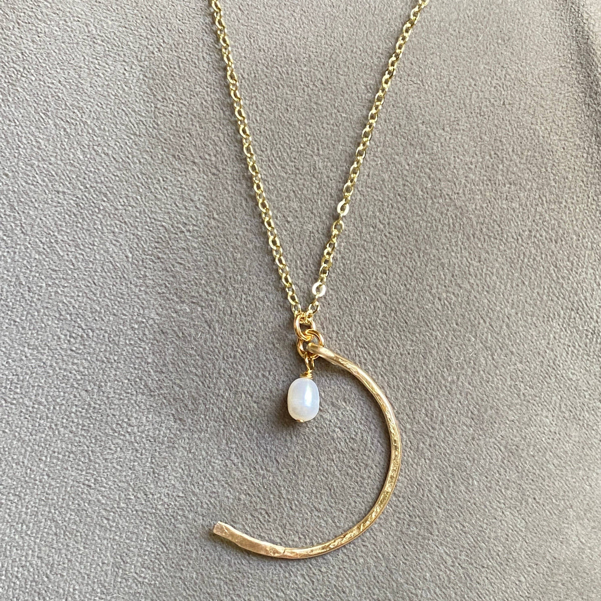 Pearl - Gold Hammered Crescent and Pearl Necklace