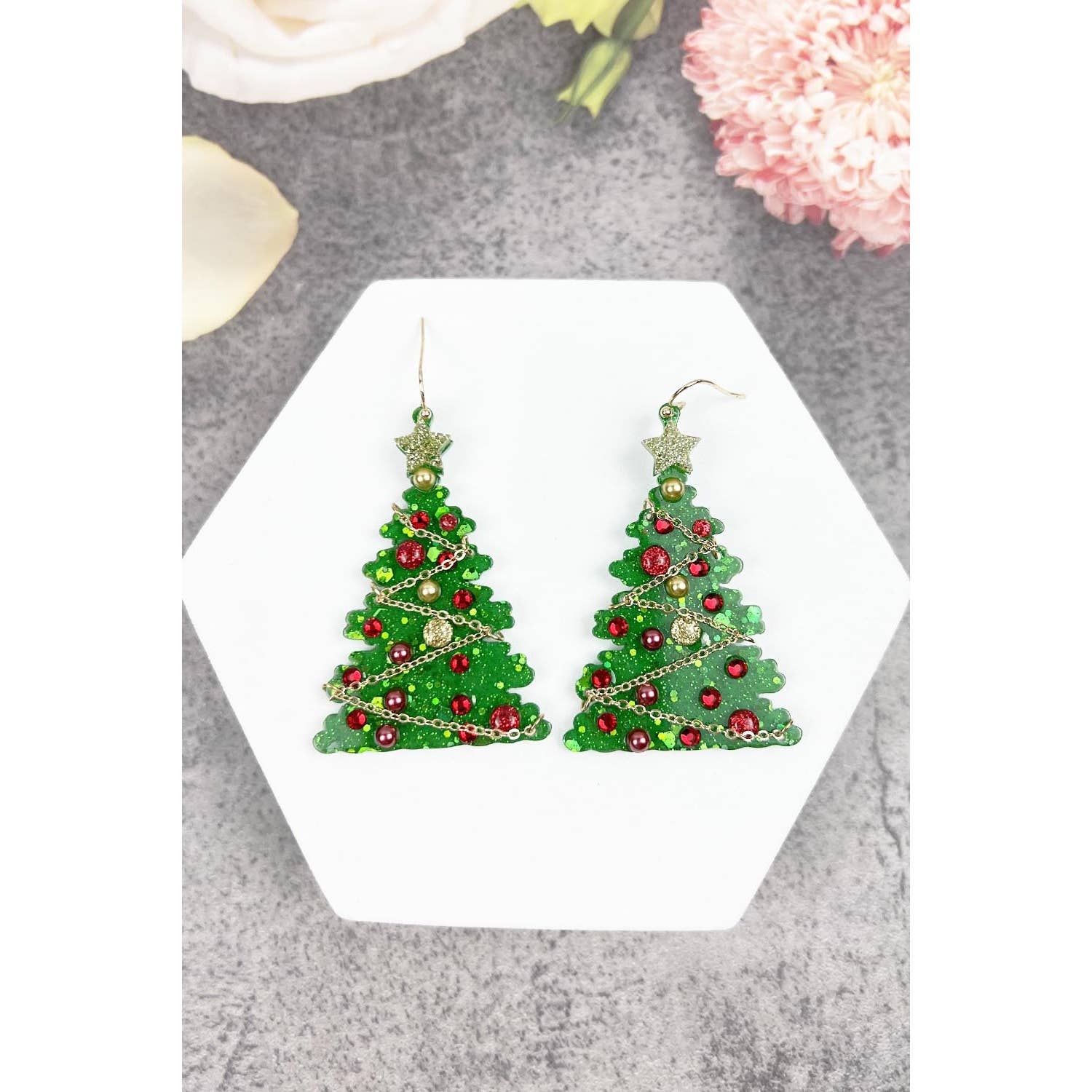 ACRYLIC CHRISTMAS TREE GLITTER HOOK EARRING: GREEN