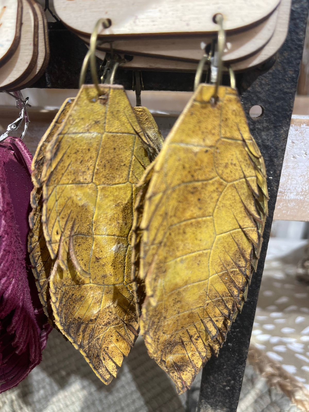 Mustard Snake Leather Feather Earrings