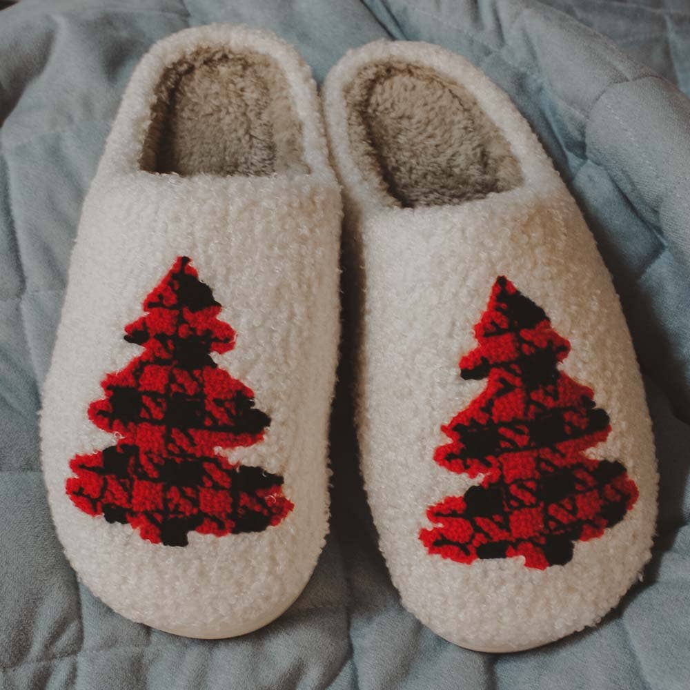 Buffalo Plaid Christmas Tree Sherpa Slippers