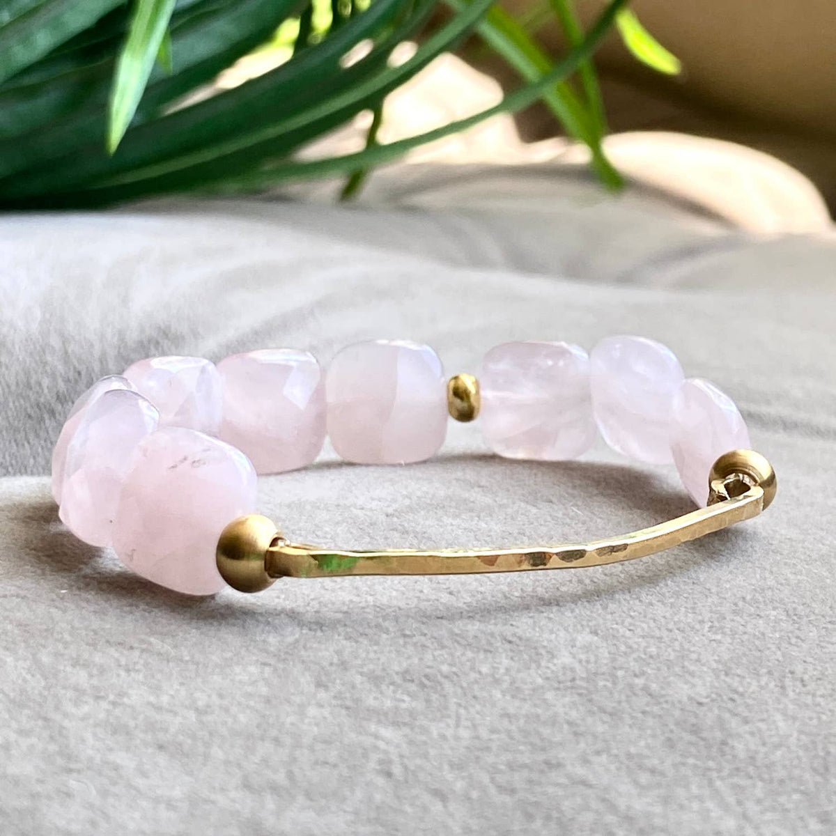 Rose -  Quartz Faceted Hammered Gold Bar Stretch Bracelet