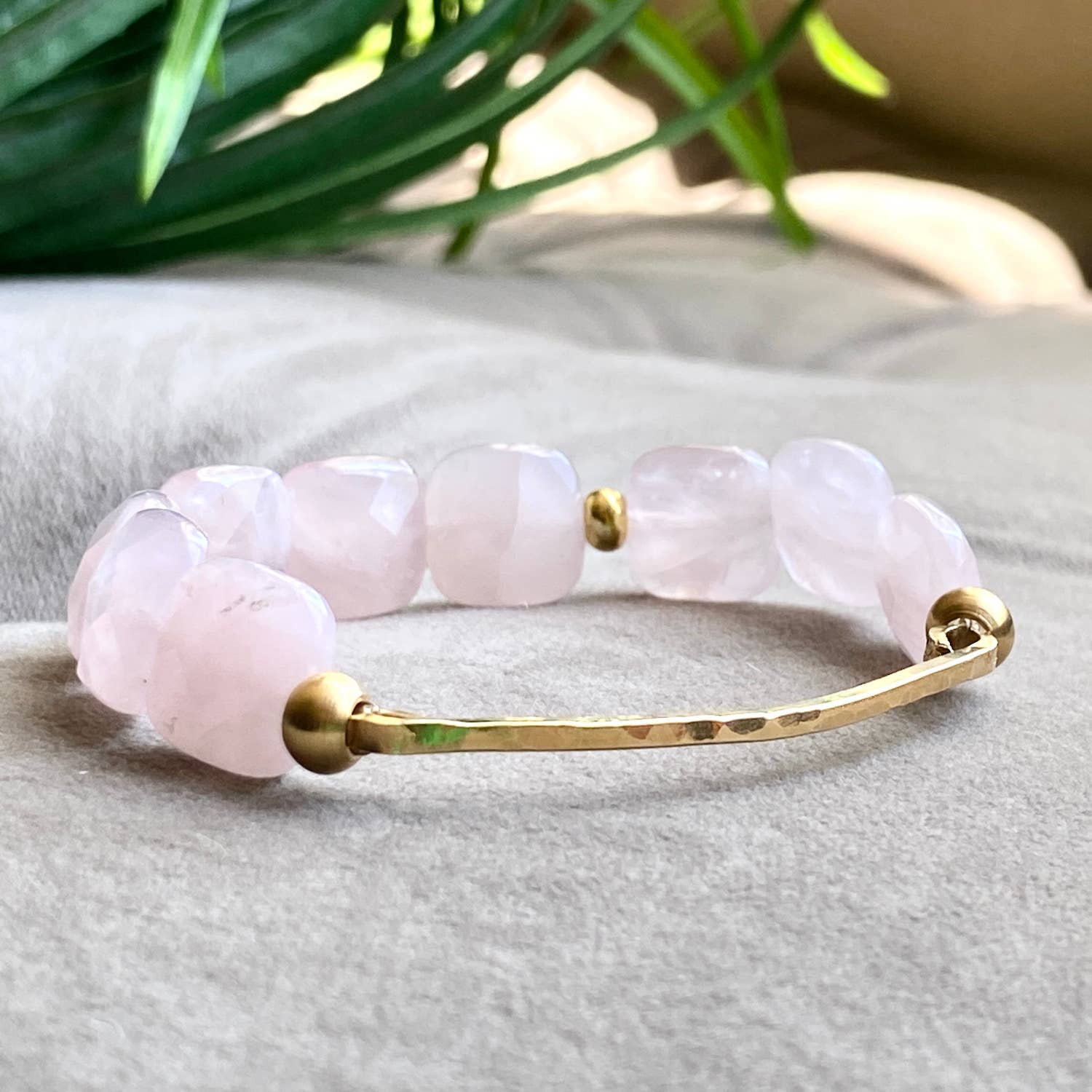 Rose -  Quartz Faceted Hammered Gold Bar Stretch Bracelet