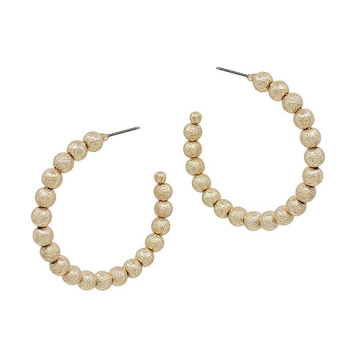Gold Textured Beaded 2" Hoop Earring
