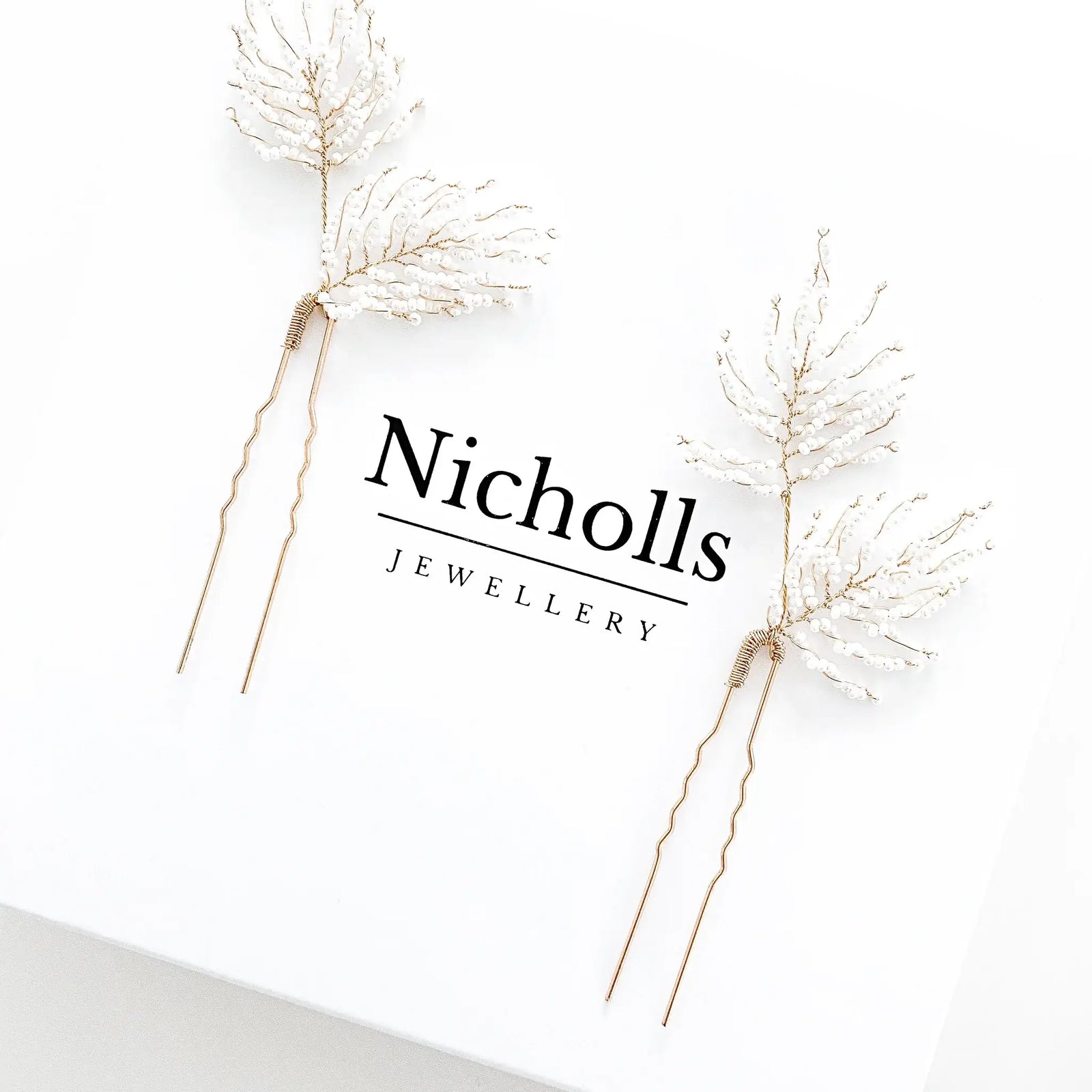 Feather Leaf White Beaded Hair Pins