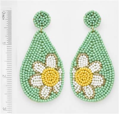 Mint Seed Bead with White Flower 2.75" Drop Earring