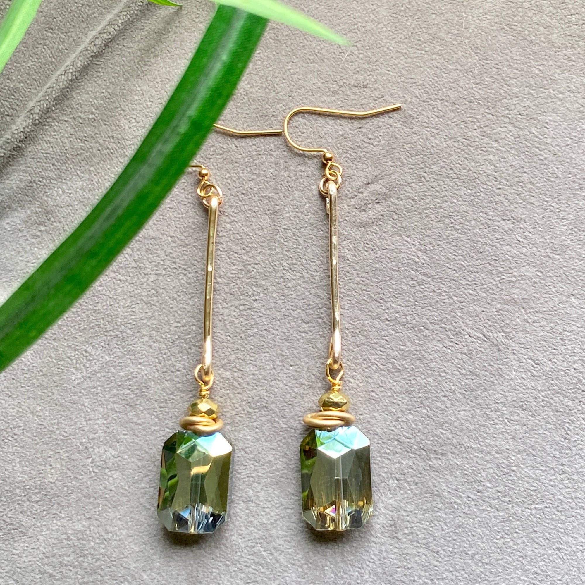 Green - Crystal Earrings Rectangle Hammered Connector Bar Drop