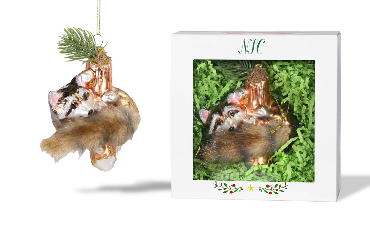 Racoon In Tree Glass Ornament