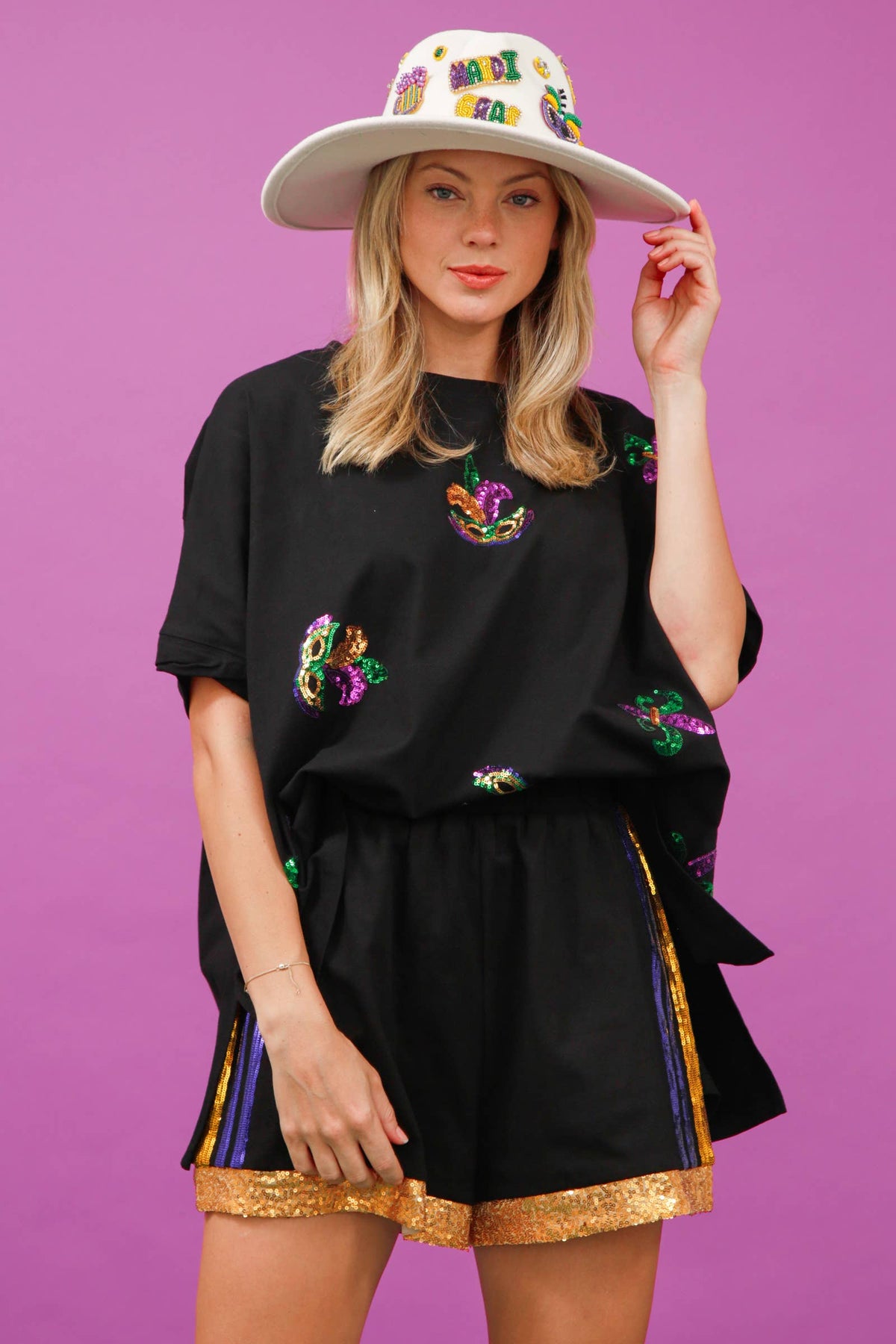 Sequin Mardi Gras Masks Loose Fit Shirt