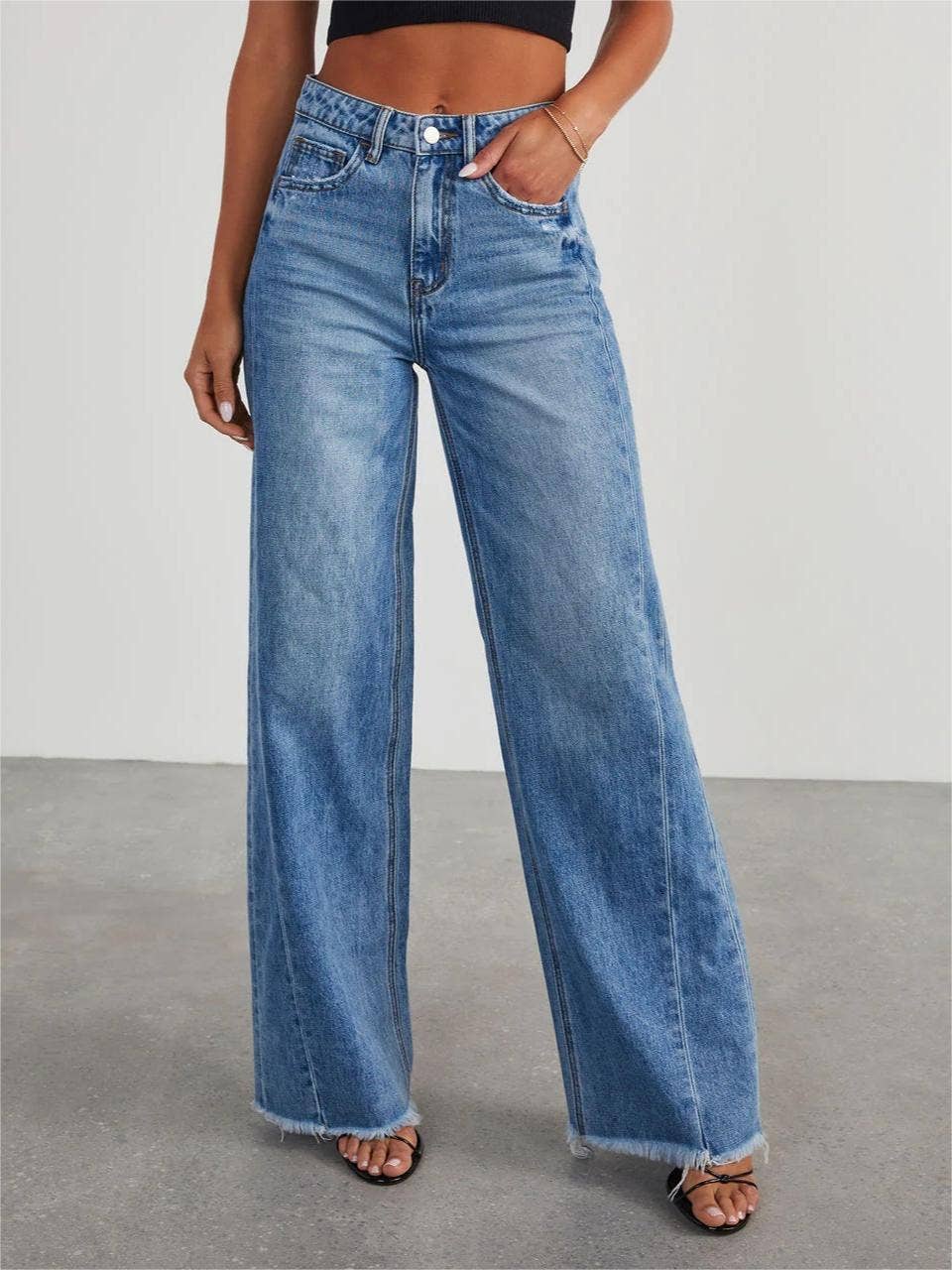 Loose Wide Leg Side Seam Stitching Frayed Hem Jeans:  / Blue / Cotton
