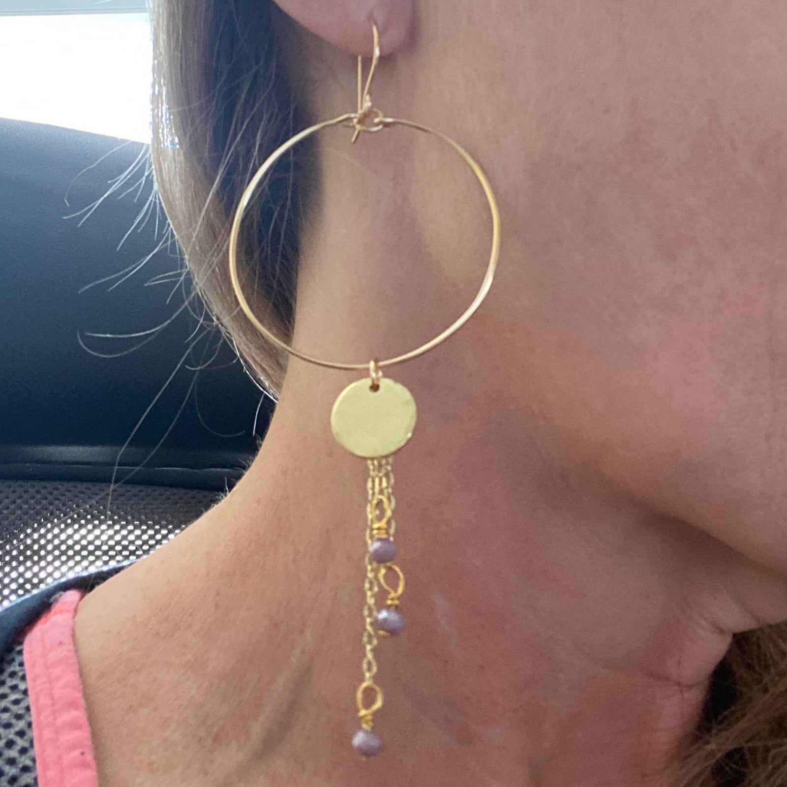 Pearl - Gold Hoop Earrings Chain Coin Drop Lavender Facets